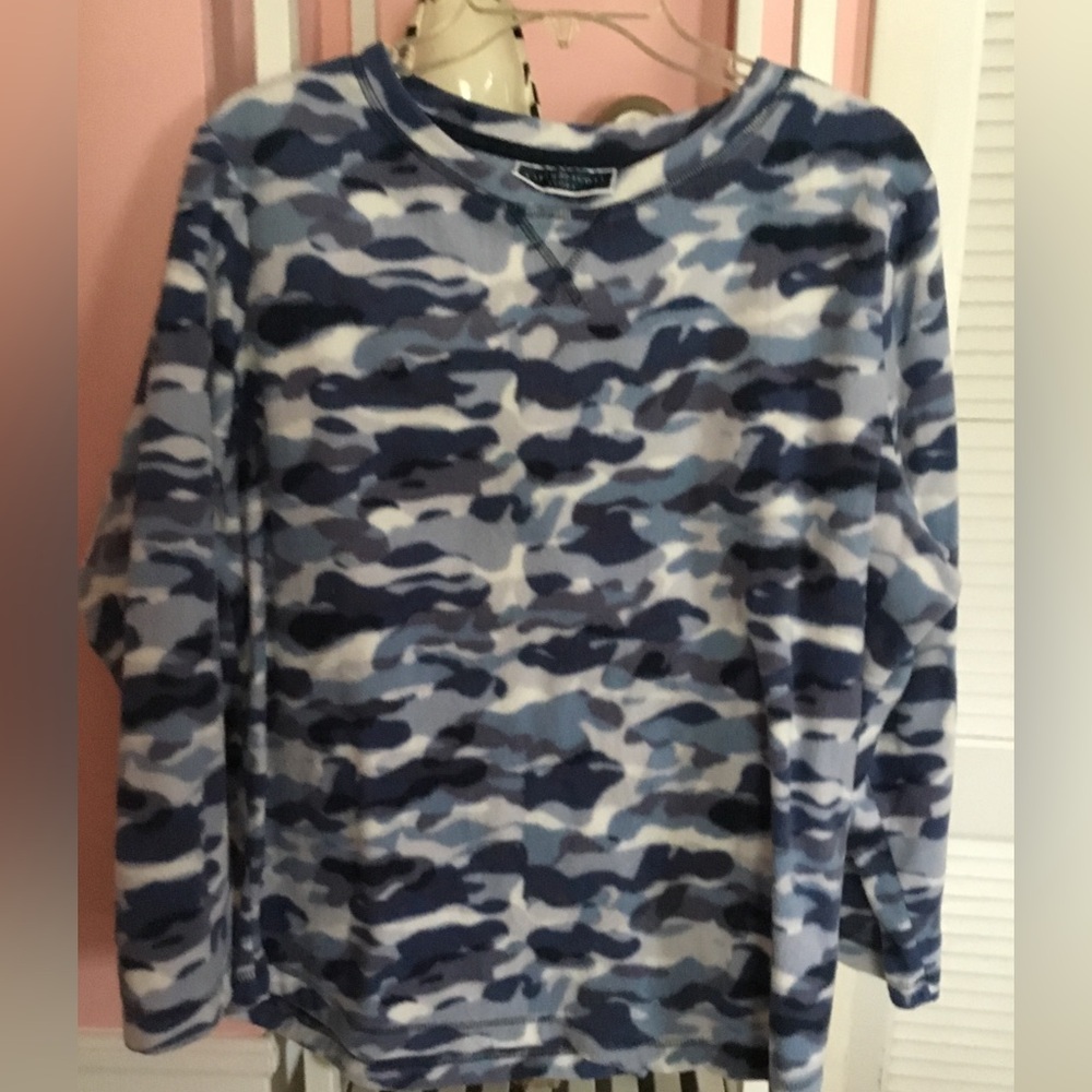 Karen Scott Camo fleece boatneck top leg-xl tag missing EUC
